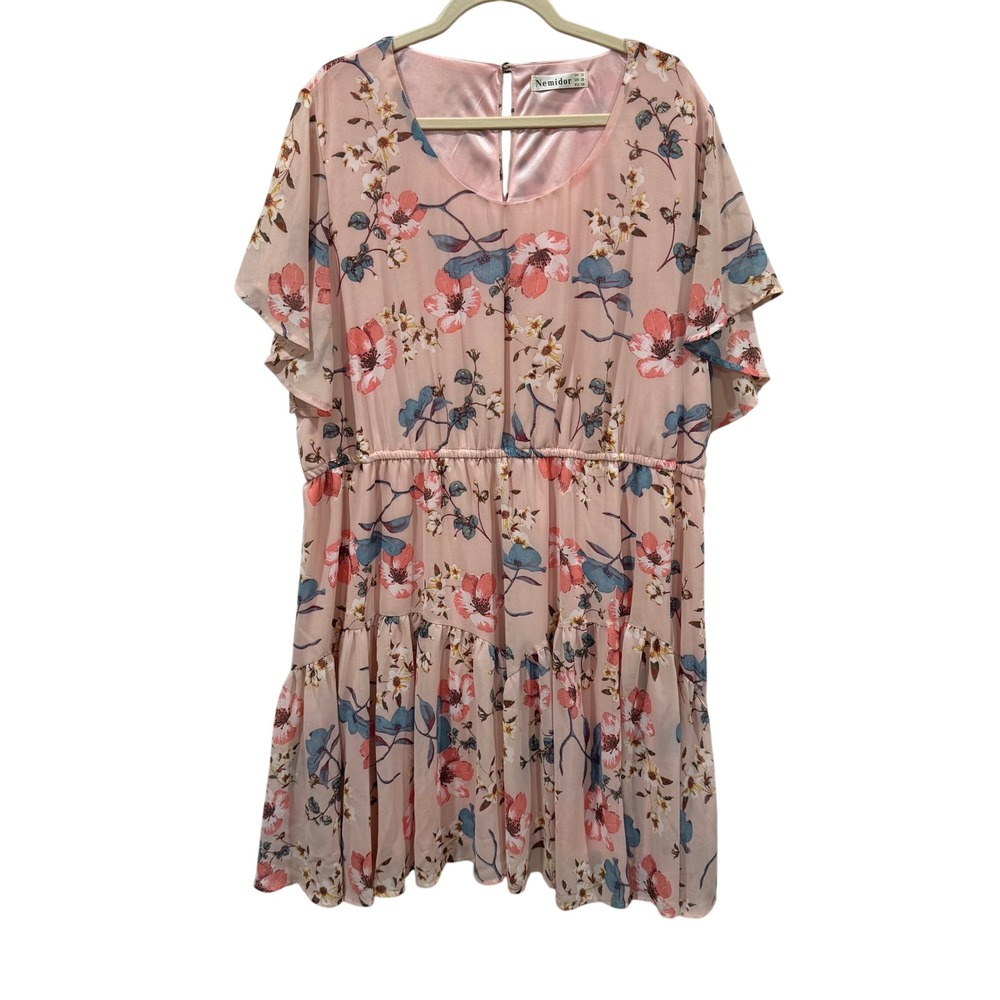 Nemidor Plus Size 26 Pink Floral Flutter Sleeve Tiered Ruffle Mini Dress Boho